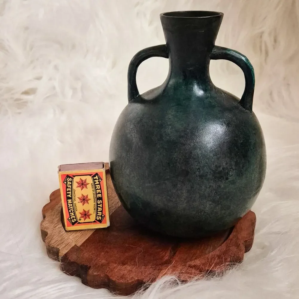 Antique Japanese Meiji Bronze Twin Handle Vase Green Patina